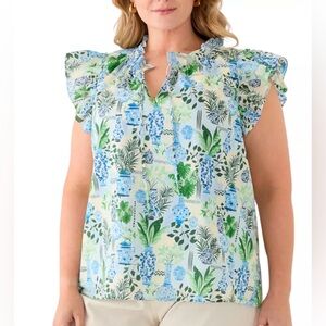 Crown and Ivy Tropical Chinoiserie Ruffle Neck Short Sleeve Rayon Top Large